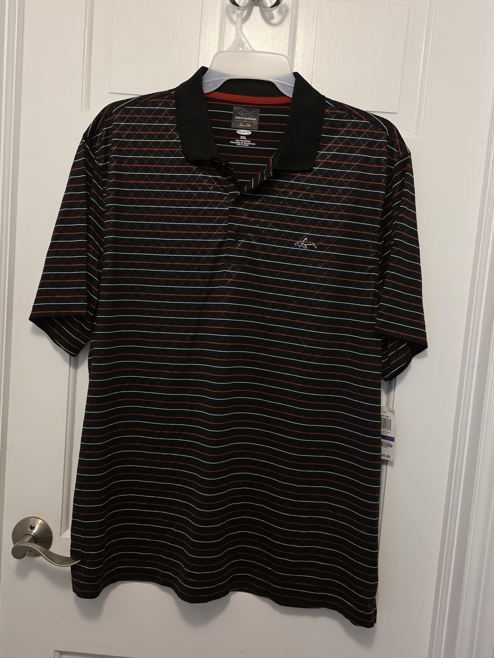 NWT Greg Norman Collection Black Polo with Thin Red and White Stripes Size XXL